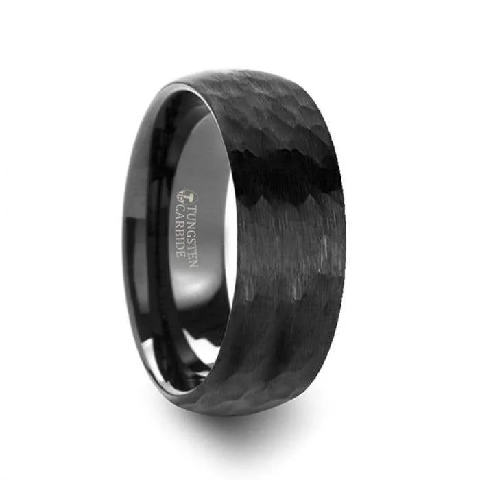 ladies ring luxury pink tourmaline-Thorsten RENEGADE Domed Hammer Finish Black Tungsten Carbide Wedding Band with Brushed Finish - 6mm or 8mm