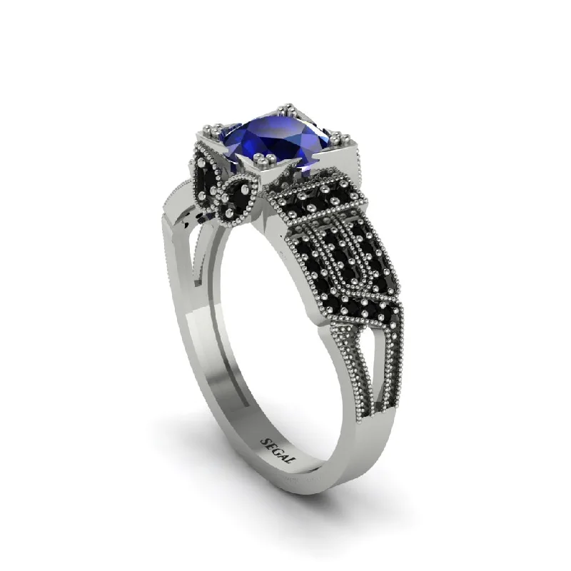 ladies engagement ring tropical trillion cut-Sapphire Milgrain Gold Engagement Ring - Lyric No. 45