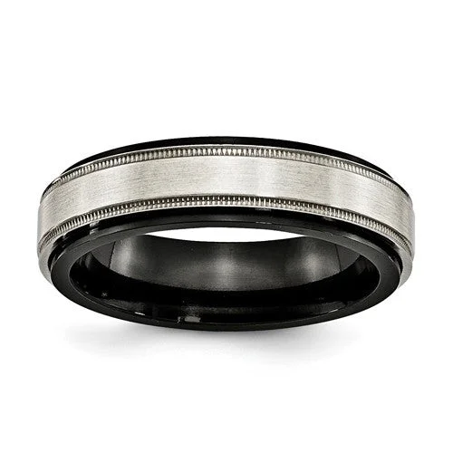 ladies ring fall black friday-Edward Mirell Black Titanium & Sterling Silver Satin & Polished Milgrain Band