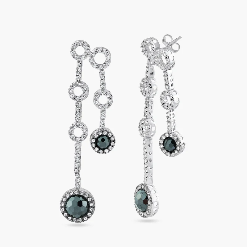 ladies earrings feather opal-Clearance-Silver 925 Black Rhodium and Rhodium Plated Round Black and Clear CZ Two Strand Dangling Stud Earrings - STE00431