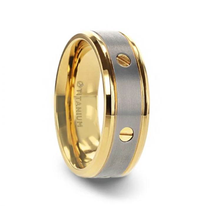 ladies ring bold oval cut-Thorsten BOUNDLESS Gold-Plated Titanium Flat Brushed Center With Rotating Screw Design And Beveled Polished Edges - 8mm