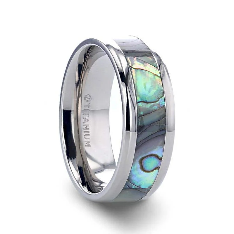 ladies ring butterfly ethical-Thorsten KAUI Titanium Polished Finish Mother Of Pearl Inlaid Men’s Beveled Wedding Band - 6mm & 8mm