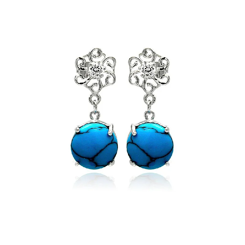 ladies earrings luxury emerald-Silver 925 Rhodium Plated Turquoise Clear CZ Flower Dangling Stud Earrings - BGE00260