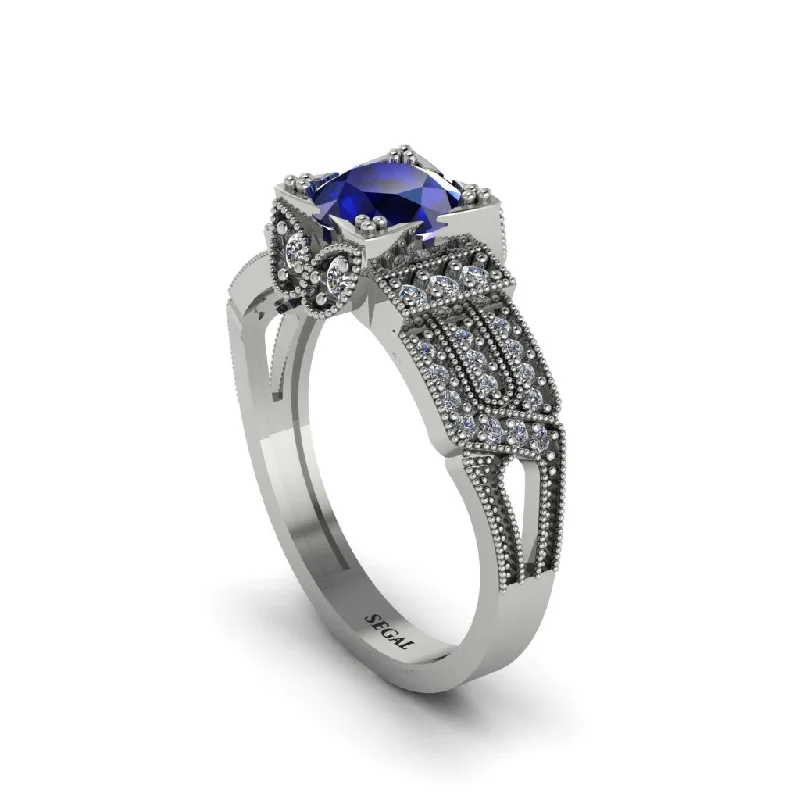 ladies engagement ring zodiac center stone-Sapphire Milgrain Gold Engagement Ring - Lyric No. 15