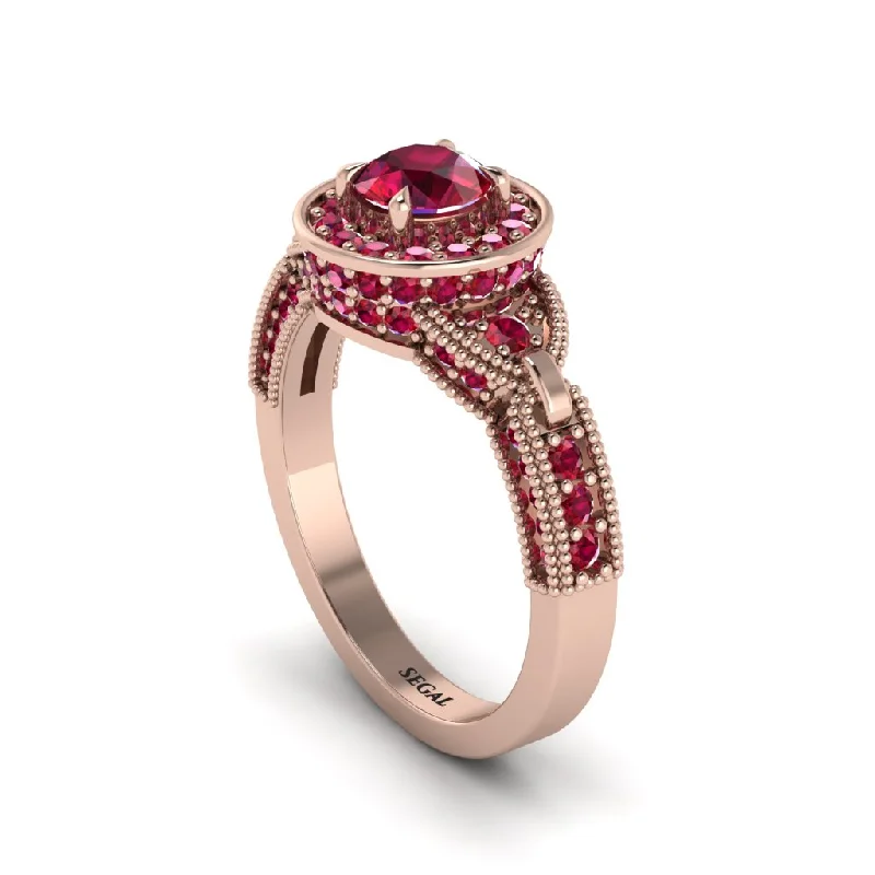 ladies engagement ring intricate round cut-Ruby Double Halo Handmade Engagement Ring - Gracelyn No. 56