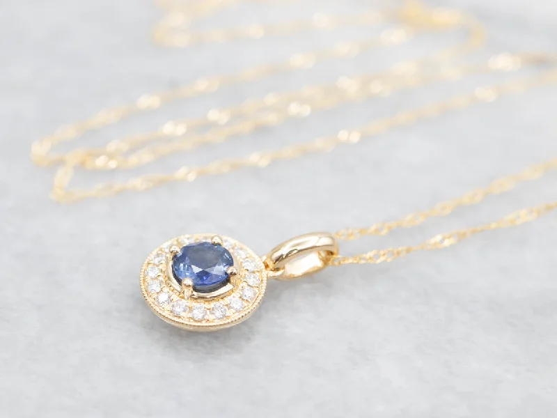 Ladies necklaces budget-friendly finds-Sapphire and Diamond Halo Pendant Necklace