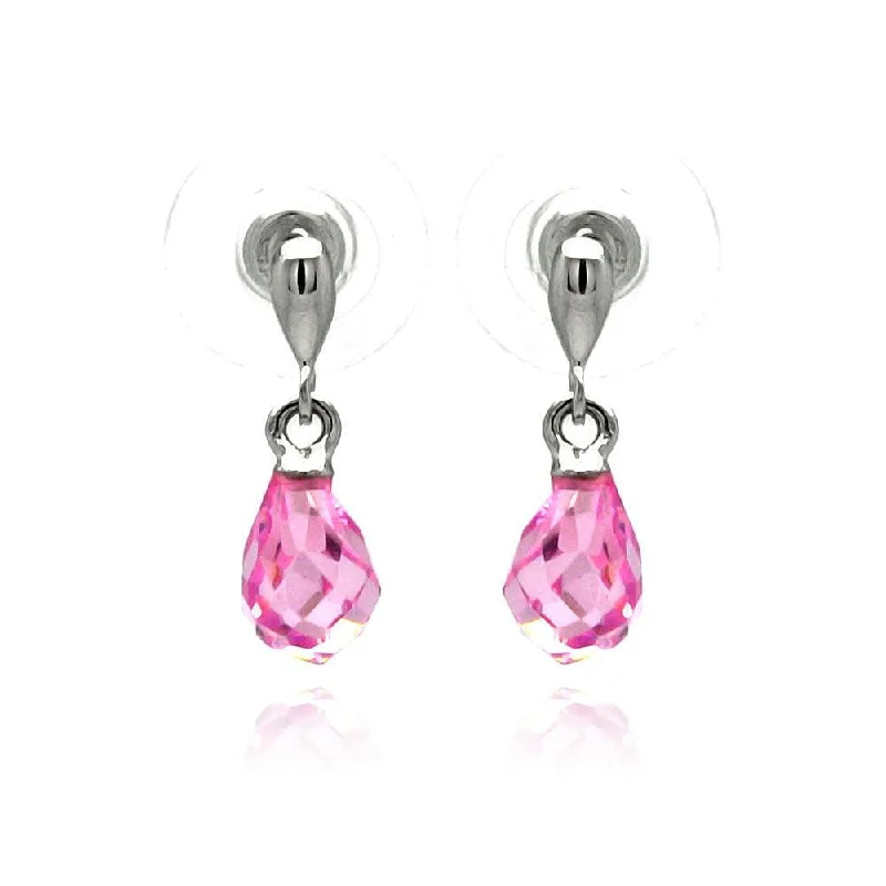 ladies earrings ornate sapphire-Silver 925 Rhodium Plated Pear Teardrop Pink CZ Dangling Stud Earrings - BGE00235