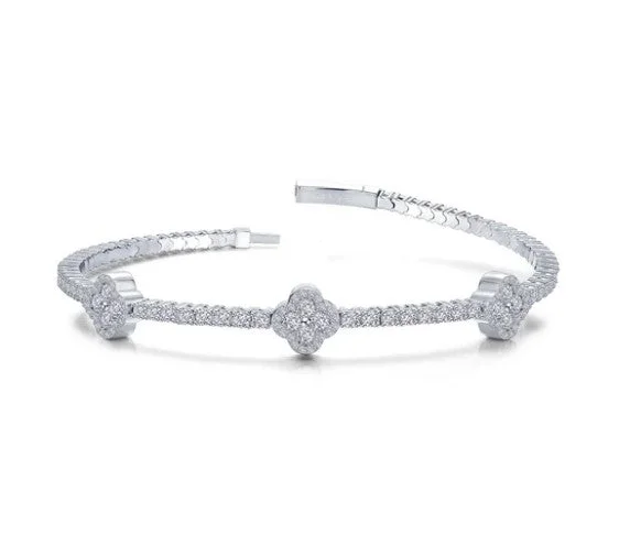 Ladies bracelets pastel tone styles-Sterling Silver Simulated Diamond Clover Flexible Bangle Bracelet by Lafonn