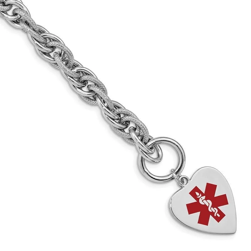 Ladies bracelets Korean fashion designs-Sterling Silver Rhodium Engraveable Enamel Heart Medical ID Bracelet