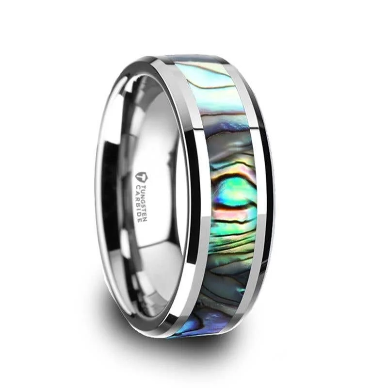 ladies ring luxury pink tourmaline-Thorsten MAUI Tungsten Wedding Band with Mother of Pearl Inlay - 4mm - 10mm