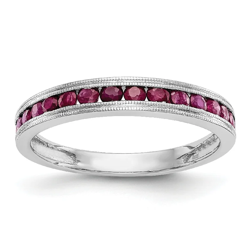 ladies ring sleek channel-14k White Gold Ruby Milgrain Channel Set Anniversary Band