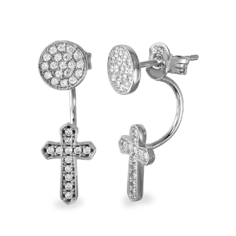 ladies earrings designer bar-Rhodium Plated 925 Sterling Silver Circle and Dropped Cross CZ Front and Back Earrings - BGE00537