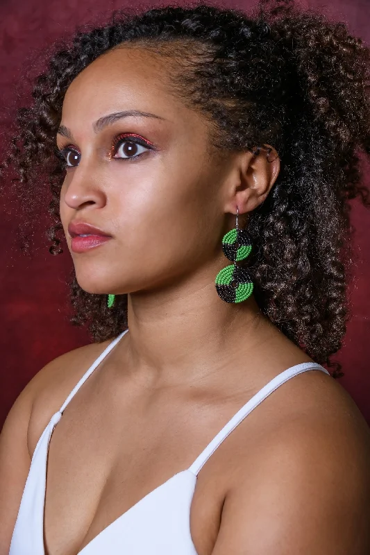 ladies earrings butterfly sapphire-Two-Tone African Hoop Beaded Earrings (Black & Green)