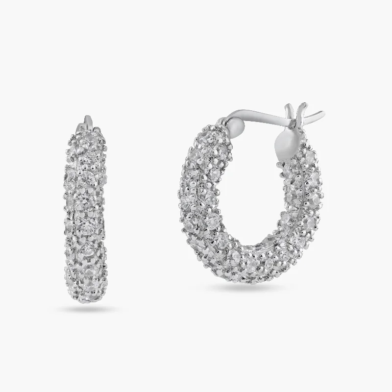 ladies earrings winter square-Silver 925 Rhodium Plated Rift Cluster CZ Hoop Earrings - STE00203