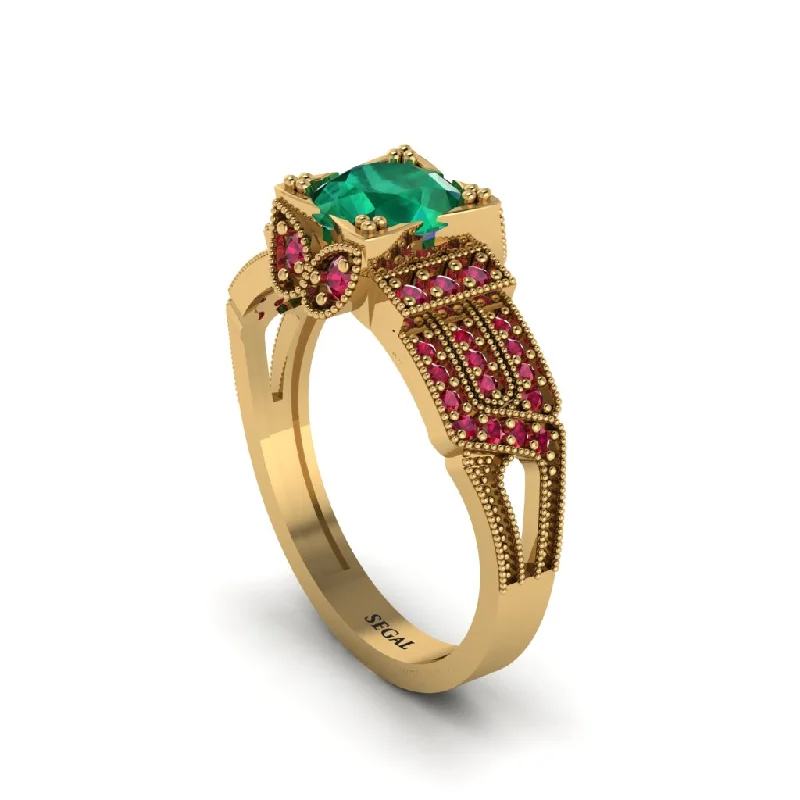 ladies engagement ring matte lab-grown-Emerald Milgrain Gold Engagement Ring - Lyric No. 49