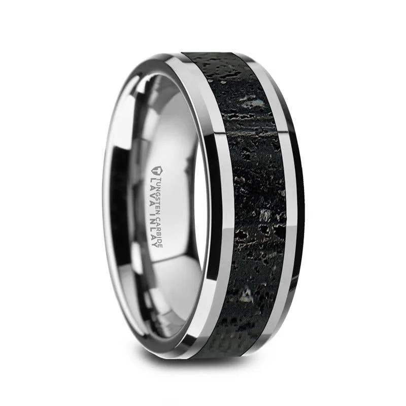 ladies ring fall pave-Thorsten KILAUEA Tungsten 8mm Wedding Band with Black & Gray Lava Rock Stone Inlay & Polished Beveled Edges