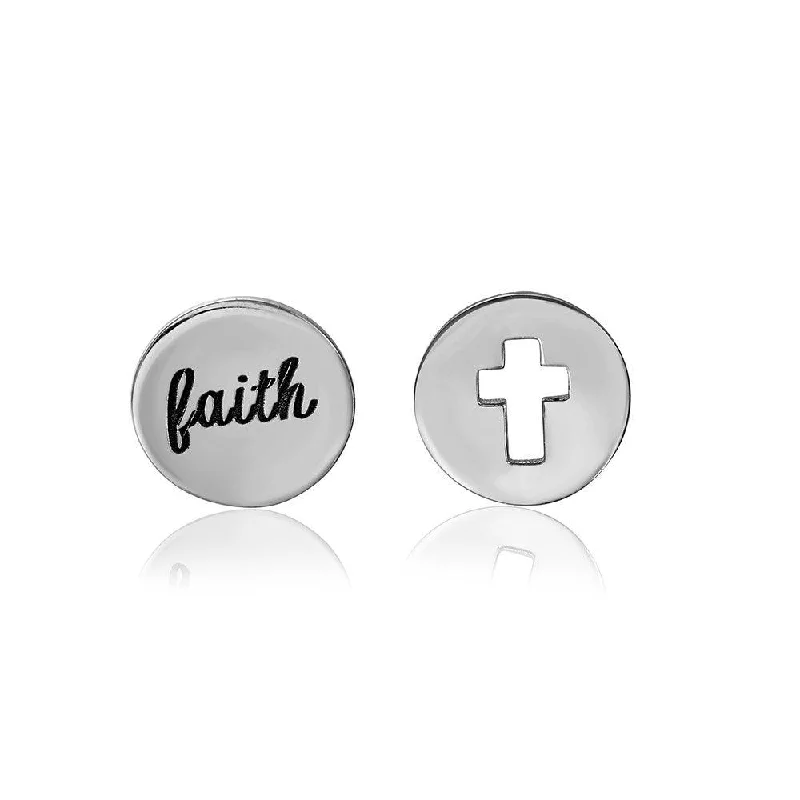 ladies earrings subtle asymmetrical-Silver 925 Rhodium Plated Faith and Cross Earrings - STE01053