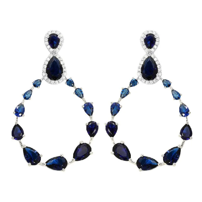 ladies earrings black friday pave-Rhodium Plated 925 Sterling Silver Blue and Clear Teardrop with Open Hanging Graduated CZ Earrings - GME00104-BLU