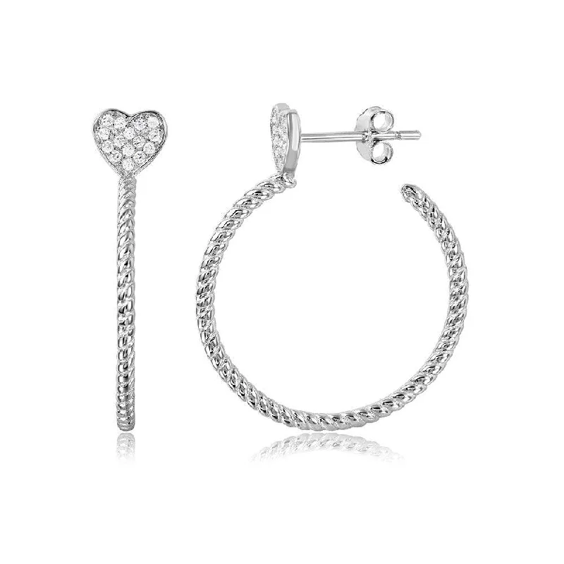 ladies earrings high-end gold-Silver 925 Rhodium Plated Rope Designed Semi Hoop Earrings on a CZ Heart - STE01057