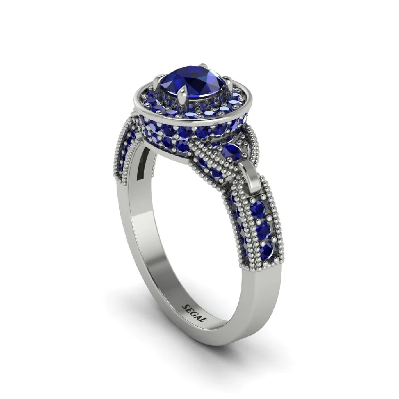 ladies engagement ring brushed diamond-Sapphire Double Halo Handmade Engagement Ring - Gracelyn No. 75