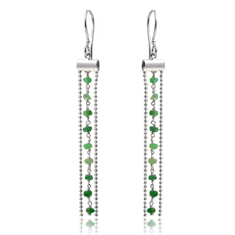 ladies earrings summer moonstone-Rhodium Plated 925 Sterling Silver Dangling Tassel Earrings with Green Beads - DIE00005RH-EM