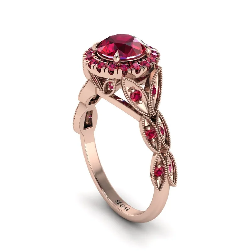 ladies engagement ring delicate halo-Ruby Halo Nature Inspired Leaf Engagement Ring - Alessandra No. 56