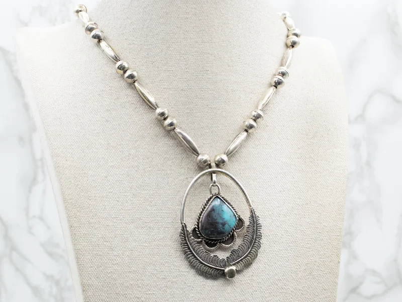 Ladies necklaces layered pendant designs-Sterling Silver Native American Statement Necklace with Turquoise Swinging Pendant