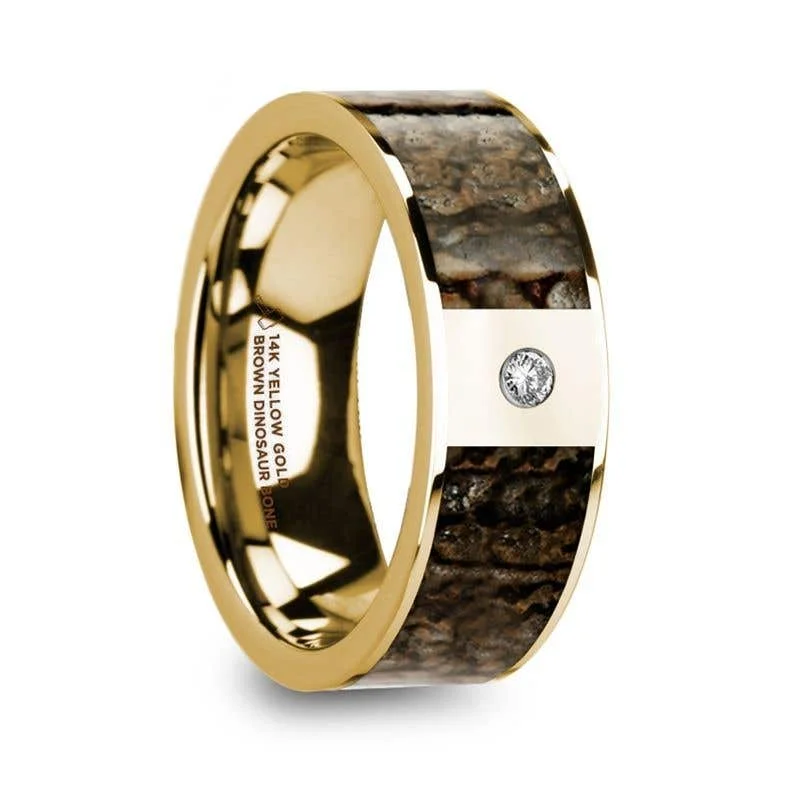 ladies ring modern emerald-Thorsten PHILANDROS 14k Yellow Gold with Brown Dinosaur Bone Inlay Men’s Wedding Band with Diamond - 8mm