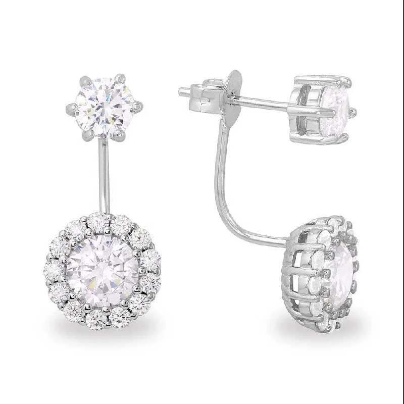 ladies earrings affordable yellow topaz-Silver 925 Rhodium Plated CZ Halo Hanging Earrings - BGE00480