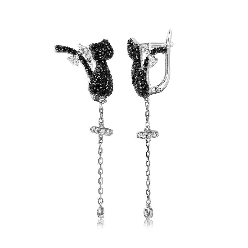 ladies earrings celestial short-Silver 925 Rhodium Plated Black CZ Cat with Hanging Tale Leverback Earrings - GME00044BR-BLACK