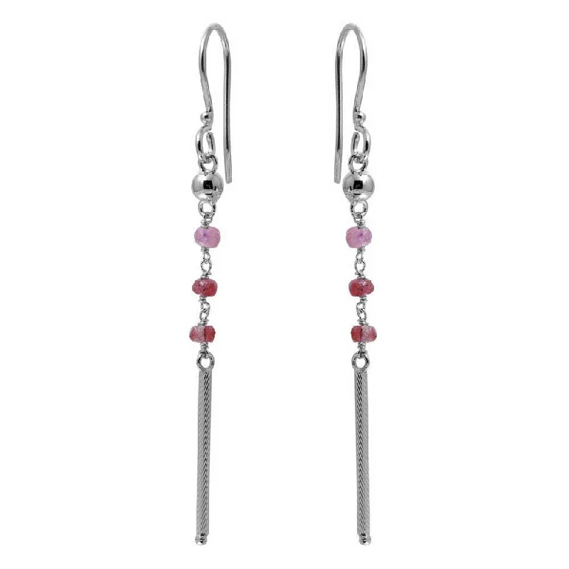 ladies earrings seasonal red ruby-Rhodium Plated 925 Sterling Silver Dangling 3 Dark Red Bead with Matte Rhodium Bar Earrings - DIE00009RH-GR