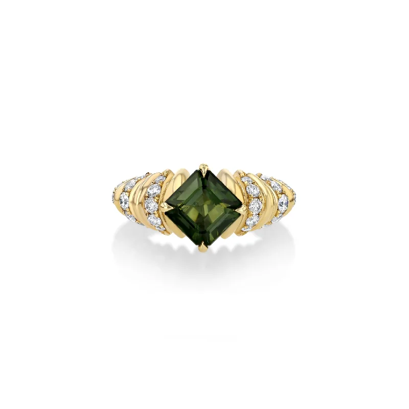 ladies ring leaf upcycled-Pave Fluted Band with Green Asscher Tourmaline