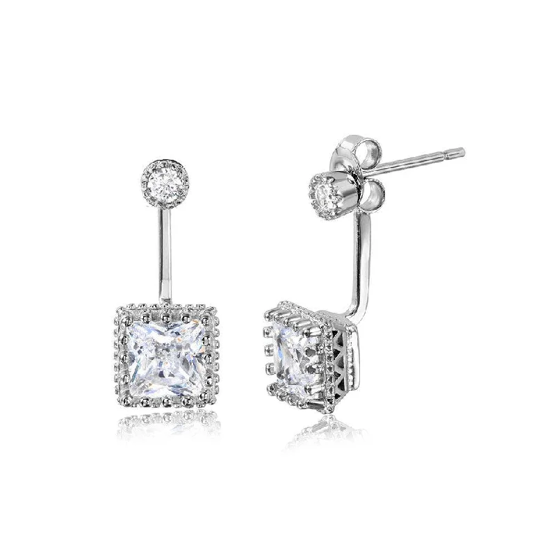 ladies earrings subtle solitaire-Silver 925 Rhodium Plated Hanging Square Crown Front and Back Earrings - STE01043