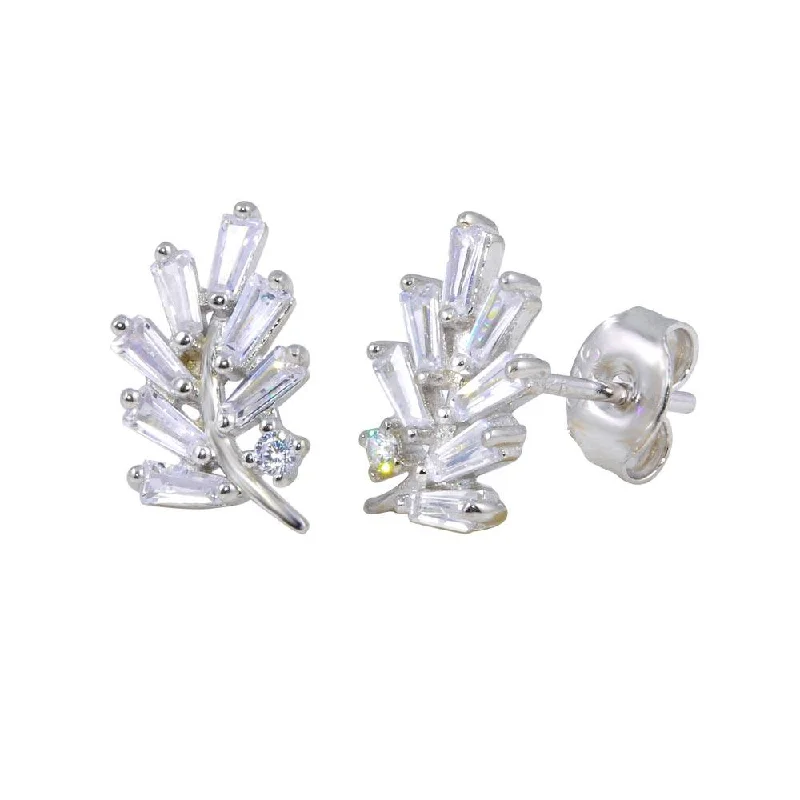 ladies earrings designer moonstone-Rhodium Plated 925 Sterling Silver Leaf Baguette CZ Earrings - STE01191