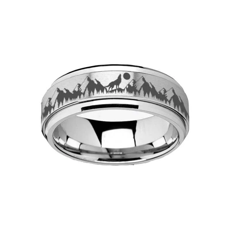 ladies ring beach one of a kind-Thorsten Spinning Engraved Mountain Wolf Moon Tungsten Carbide Spinner Band - 8mm