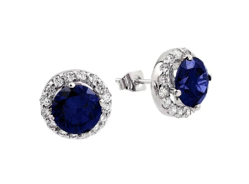 ladies earrings slim fringe-Silver 925 Rhodium Plated Blue round CZ Stud Earrings - BGE00368B