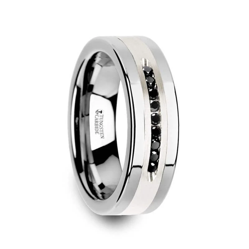 ladies ring bespoke design-Thorsten BLACKSTONE Flat Tungsten Wedding Band with Brushed Silver Inlay Center and 9 Channel Set Black Diamonds - 8mm