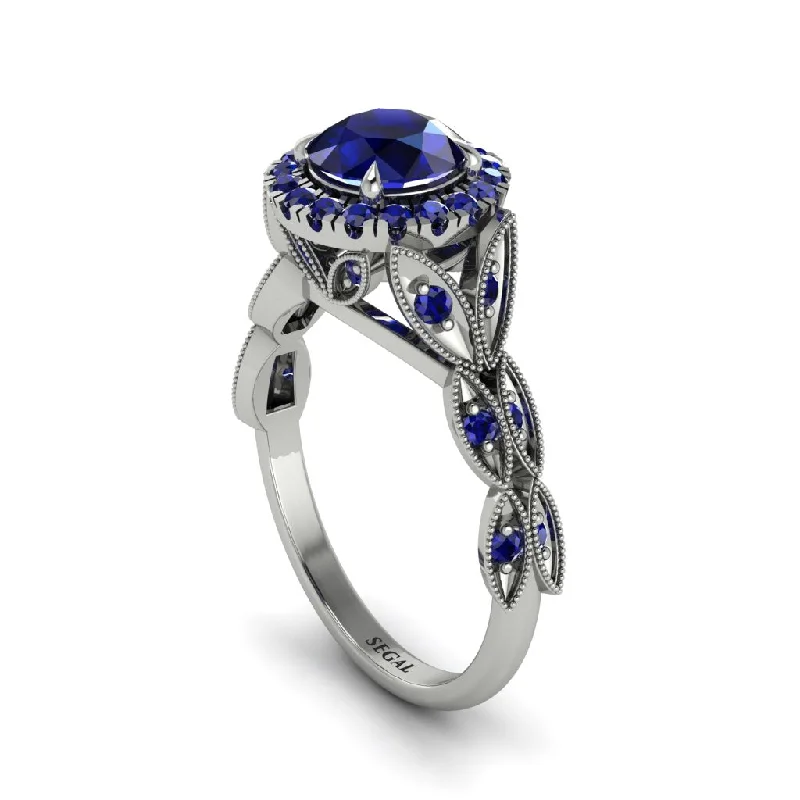 ladies engagement ring fall christmas-Sapphire Halo Nature Inspired Leaf Engagement Ring - Alessandra No. 75