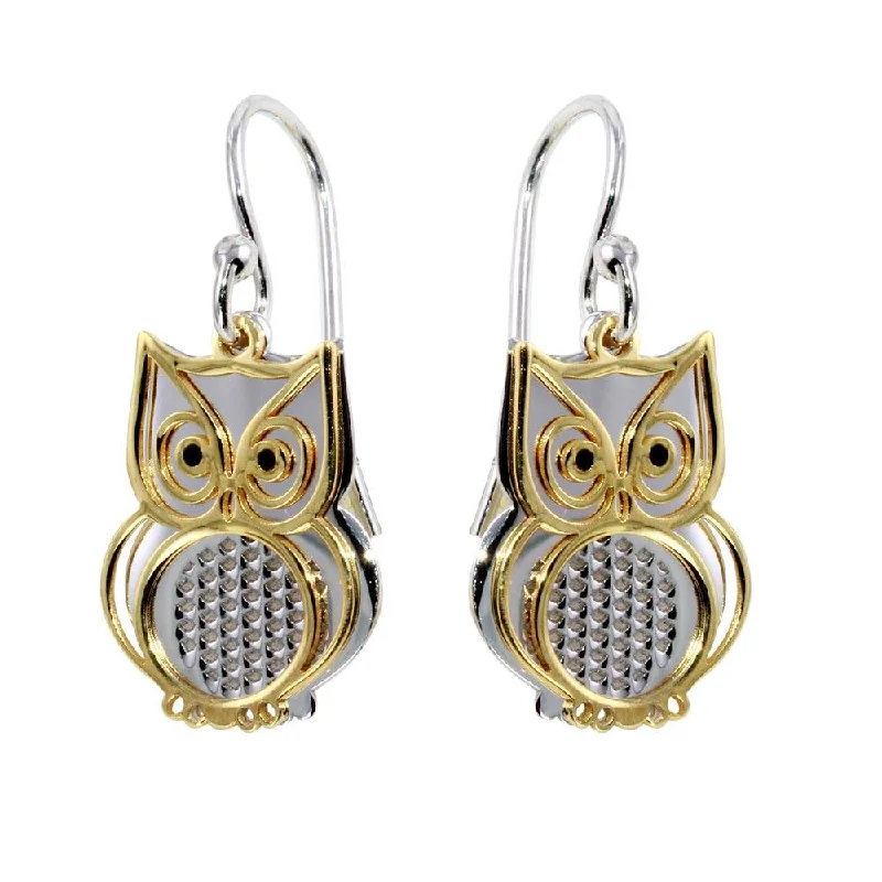 ladies earrings chic diamond-Two-Tone 925 Sterling Silver Flat Owl Earrings - SOE00001