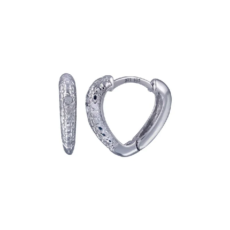 ladies earrings unique sleeper-Silver 925 Rhodium Plated Round Clear CZ Heart huggie hoop Earrings - STE00693