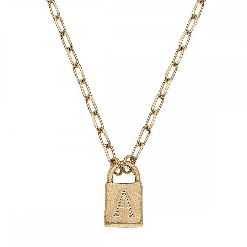 Ladies necklaces mid-century modern looks-Initial Padlock Pendant Necklace, Worn Gold