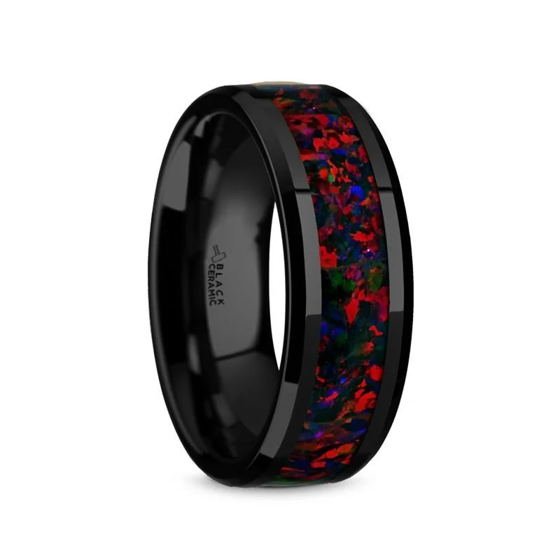 ladies ring premium three stone-Thorsten MATRIX Black Ceramic Polished Beveled Edges Men’s Wedding Band with Black Opal Inlay