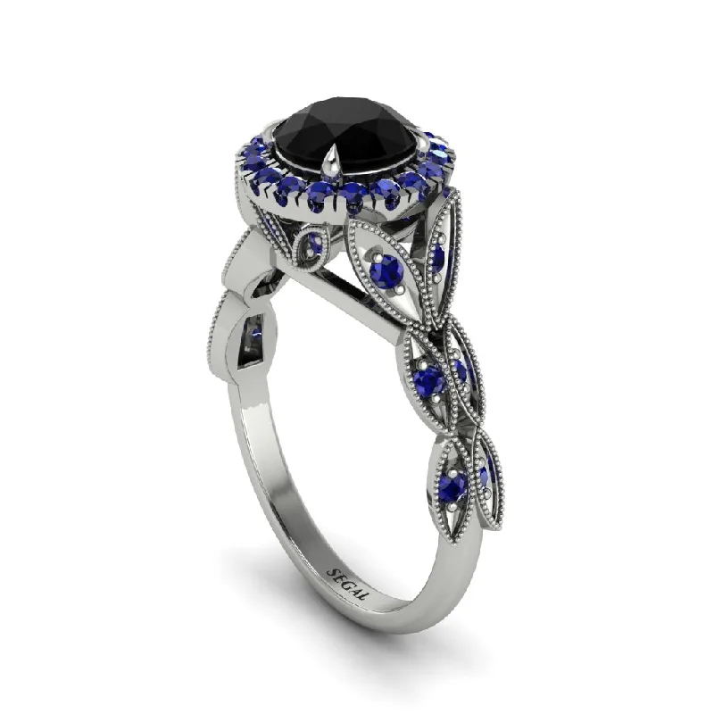 ladies engagement ring celestial ethical-Black Diamond Halo Nature Inspired Leaf Engagement Ring - Alessandra No. 69