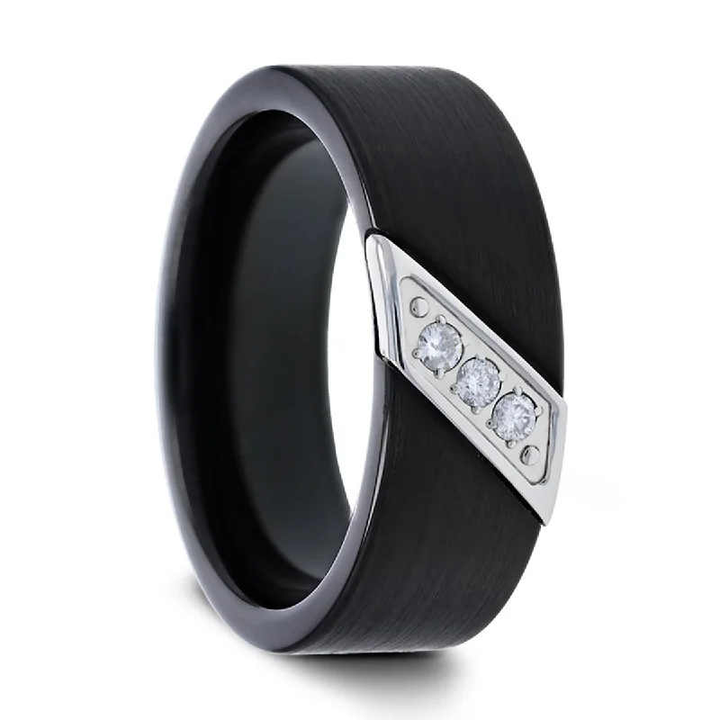 ladies ring designer multi-stone-Thorsten LIAM Flat Black Satin Finished Tungsten Carbide Wedding Band with Diagonal Diamonds Set in Stainless Steel - 8mm