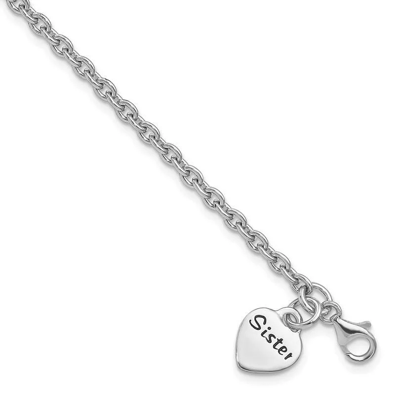 Ladies bracelets vibrant shade designs-Sterling Silver Rhodium-plated Antiqued Sister Heart Dangle Bracelet