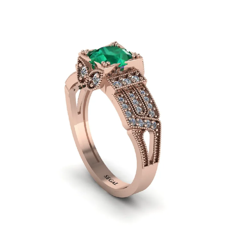 ladies engagement ring bold solitaire-Emerald Milgrain Gold Engagement Ring - Lyric No. 5