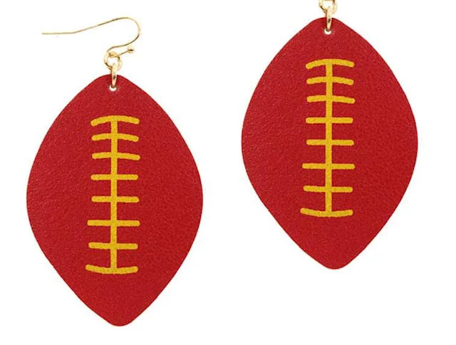 ladies earrings glossy solitaire-College Football Leather Sport Earrings Red and Yellow