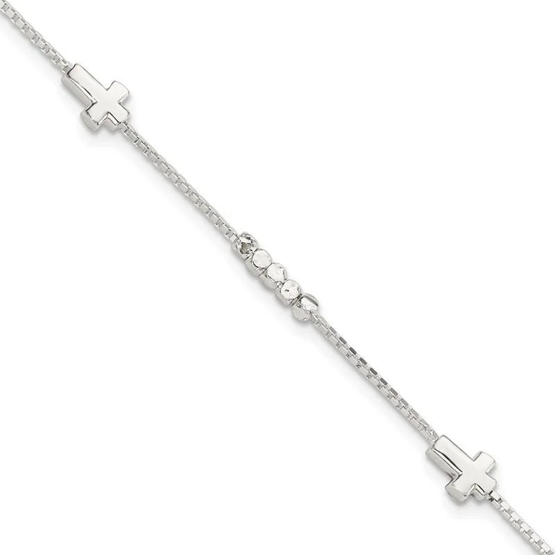 Ladies bracelets extra thin bracelets-Sterling Silver Fancy Bead & Cross w/ 1in ext Bracelet