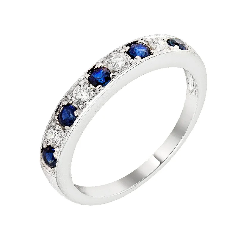 ladies ring engraved multi-stone-14k White or Yellow Gold Blue Sapphire & Diamond Wedding Anniversary Band