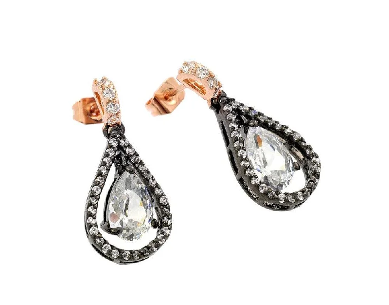 ladies earrings designer blue sapphire-Clearance-Silver 925 Rose Gold and Black Rhodium Plated Teardrop CZ Dangling Stud Earrings - BGE00283